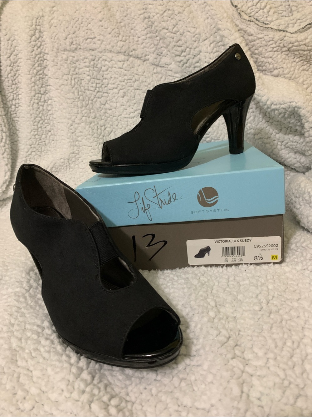 Life Stride 8.5 Black Suede Peep-Toe Heels
